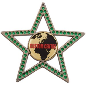 GOLD 75MM - GREEN STAR GEMSTONE CUSTOM VINYL DOMED MEDAL **SPARKLE**